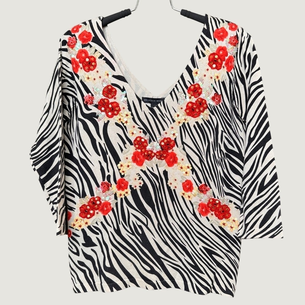 Maurice Sasson Zebra Print Silk Blend Sequin Floral V-Neck Top Small Black White